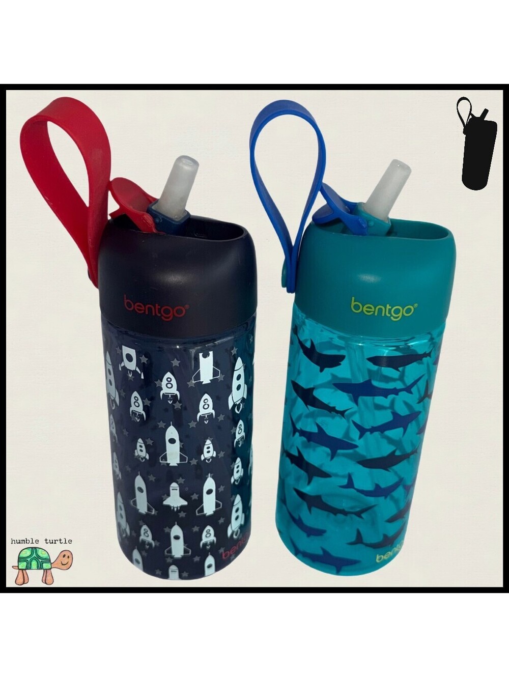 Bentgo Kids Water Bottles with Straw - Rocket and Shark Designs, 2 Pack